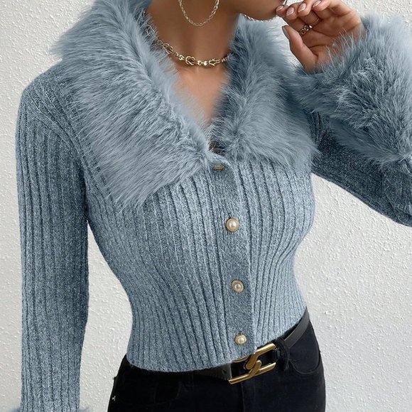 Faux Furry Collar Long Sleeve Knitted Ribbed Cardigan Dusty Blue - Picture 4 of 5